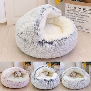 Plush Hooded Pet Bed Round Fluffy Cat Bed