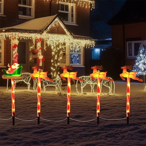 Solar-Powered Christmas Santa Sleigh and Reindeer Lawn Stake Decoration Set