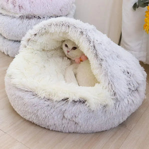 Plush Hooded Pet Bed Round Fluffy Cat Bed