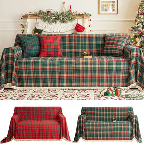 Christmas Plaid Couch Cover with Tassel Washable Sofa Covers Couch